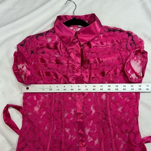 NY Collection Hot Pink Lace Ribbon Detail Short Sleeve Button Up Top Sz M Women - Picture 6 of 6